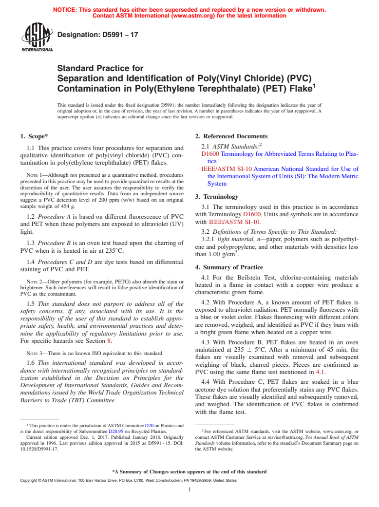 ASTM D5991-17 - Standard Practice for  Separation and Identification of Poly(Vinyl Chloride) (PVC)  Contamination in Poly(Ethylene Terephthalate) (PET) Flake