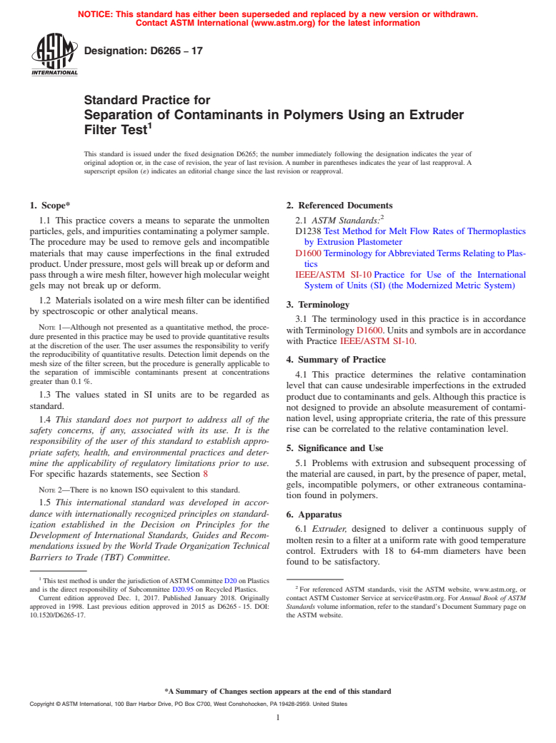 ASTM D6265-17 - Standard Practice for Separation of Contaminants in Polymers Using an Extruder Filter  Test