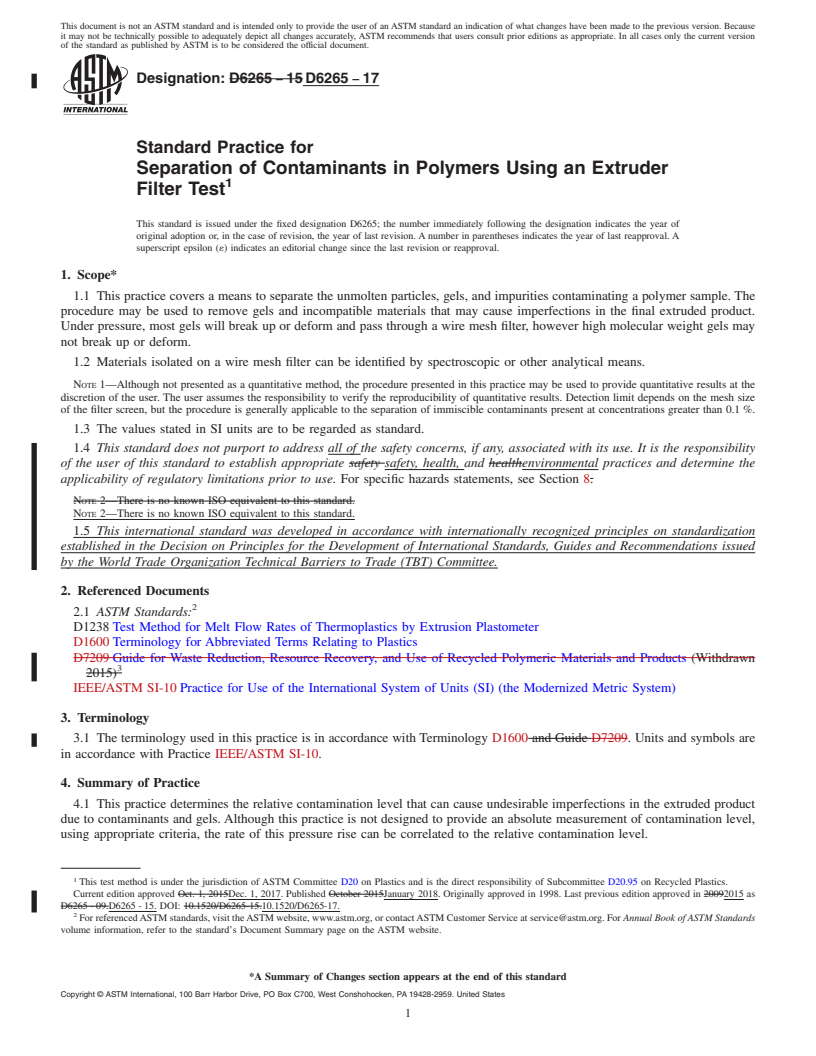 REDLINE ASTM D6265-17 - Standard Practice for Separation of Contaminants in Polymers Using an Extruder Filter  Test