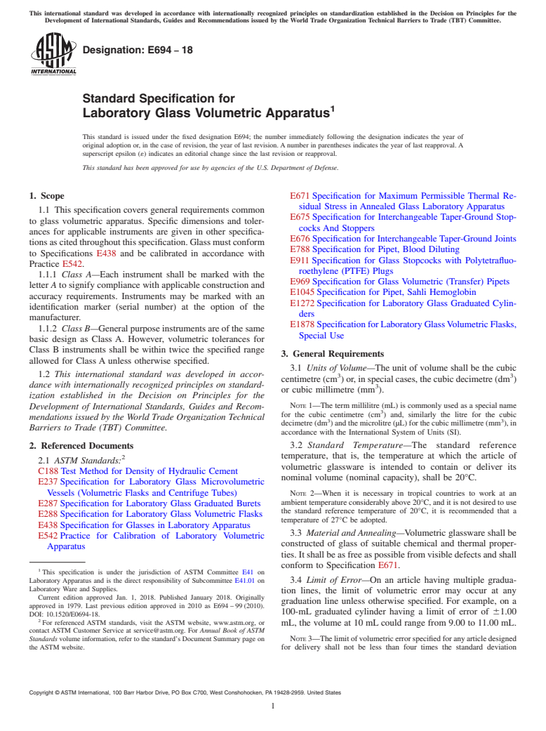 ASTM E694-18 - Standard Specification for  Laboratory Glass Volumetric Apparatus