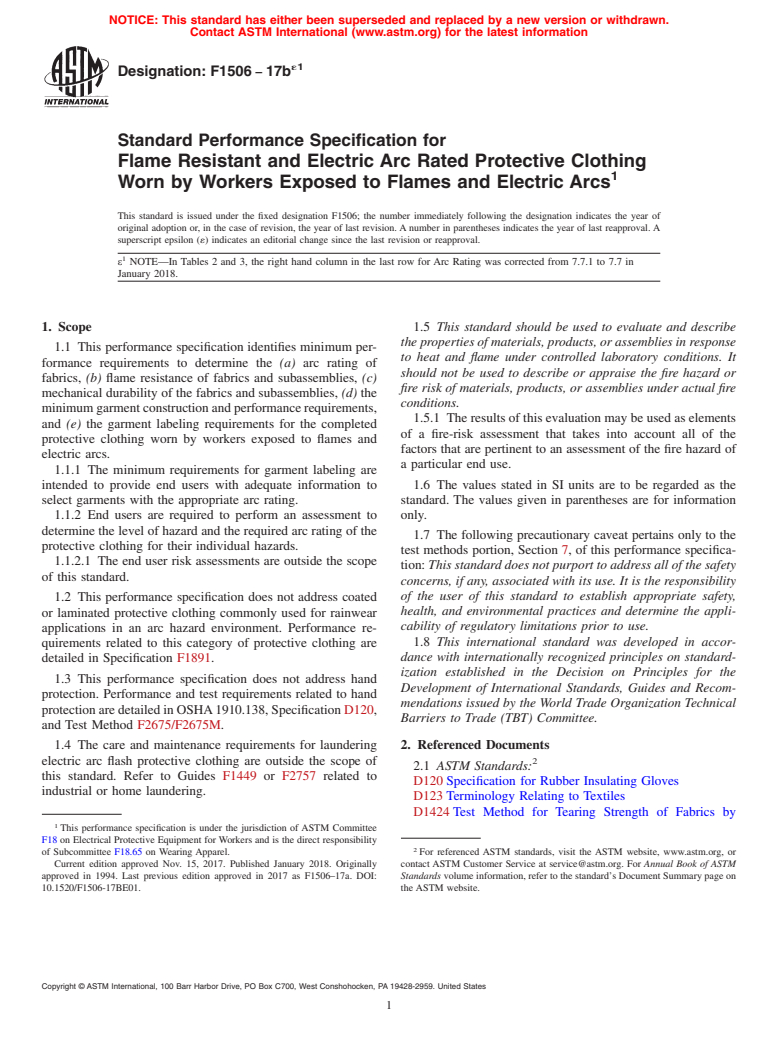 ASTM F1506-17be1 - Standard Performance Specification for  Flame Resistant and Electric Arc Rated Protective Clothing  Worn by Workers Exposed to Flames and Electric Arcs