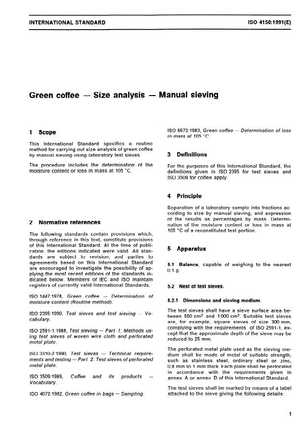 ISO 4150:1991 - Green coffee -- Size analysis -- Manual sieving
