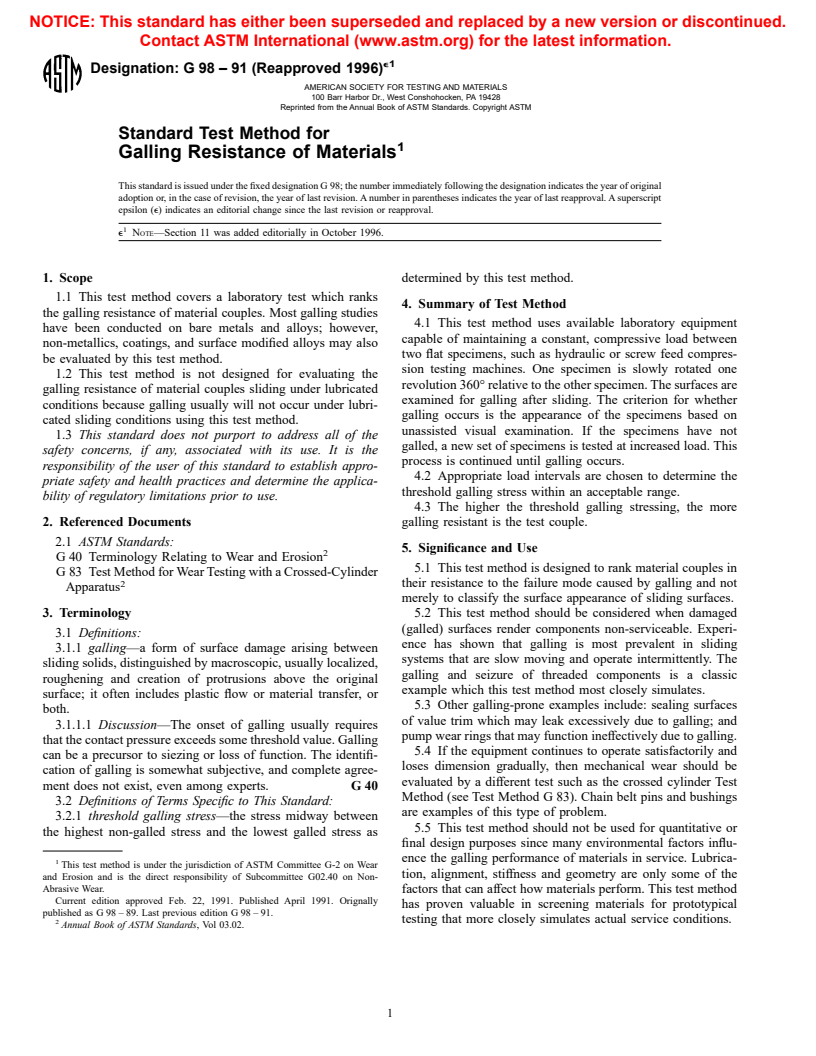 ASTM G98-91(1996)e1 - Standard Test Method for Galling Resistance of Materials