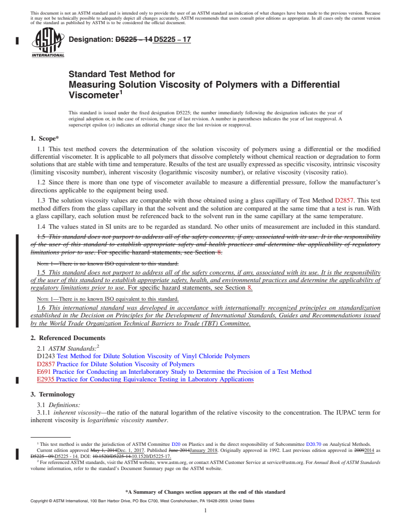 REDLINE ASTM D5225-17 - Standard Test Method for Measuring Solution Viscosity of Polymers with a Differential  Viscometer