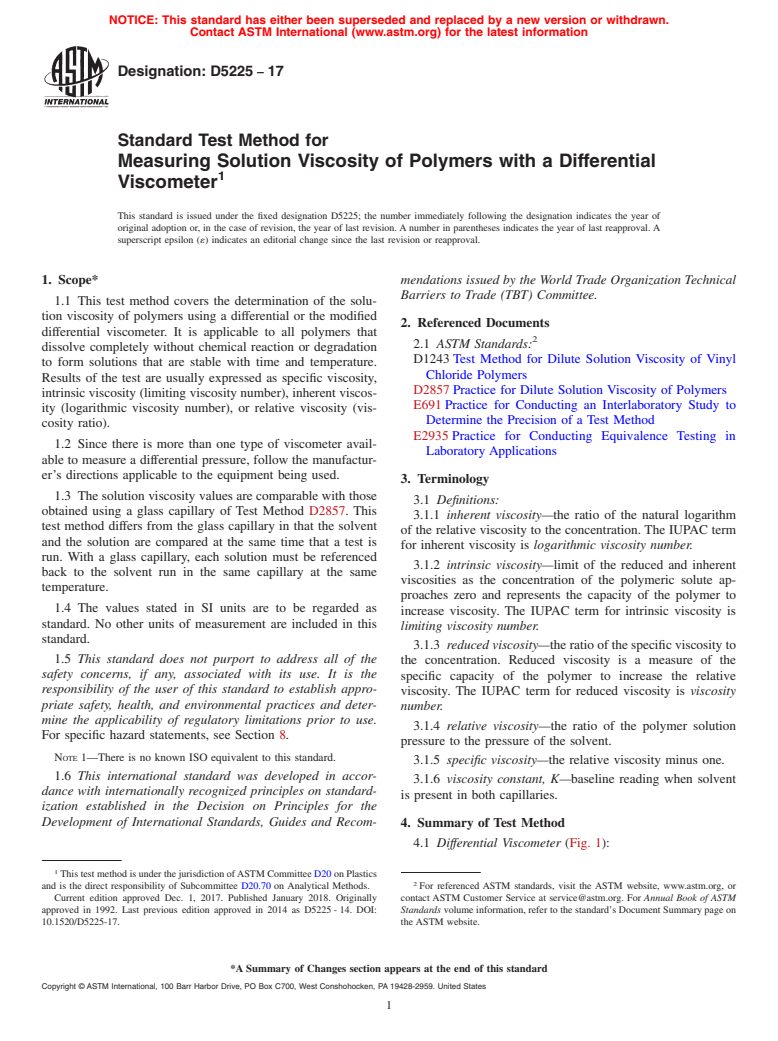 ASTM D5225-17 - Standard Test Method for Measuring Solution Viscosity of Polymers with a Differential  Viscometer