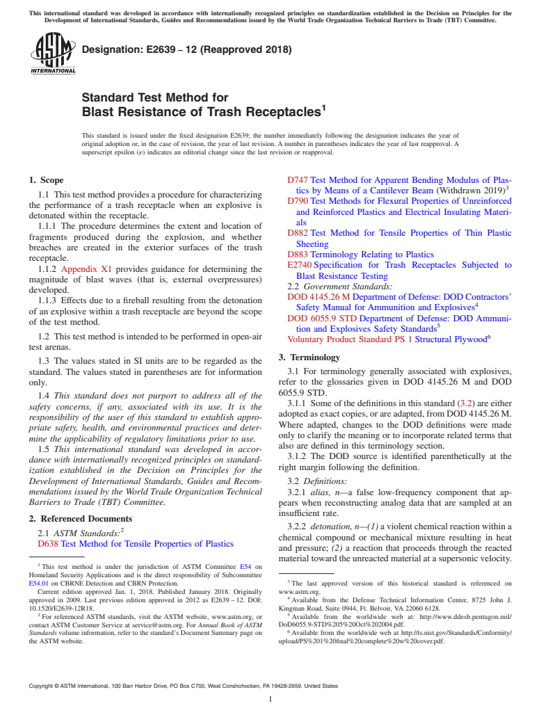 ASTM E2639-12(2018) - Standard Test Method for  Blast Resistance of Trash Receptacles