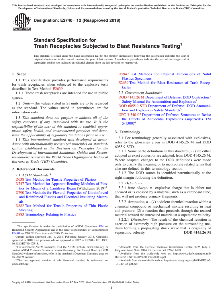 ASTM E2740-12(2018) - Standard Specification for  Trash Receptacles Subjected to Blast Resistance Testing