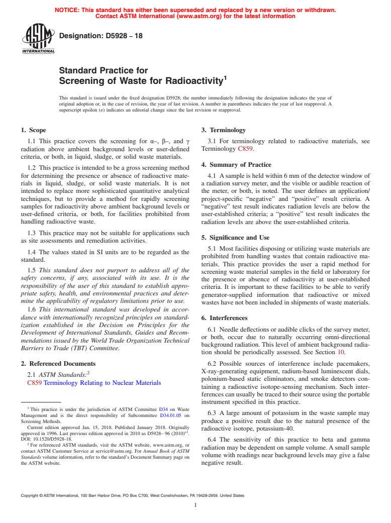 ASTM D5928-18 - Standard Practice for  Screening of Waste for Radioactivity