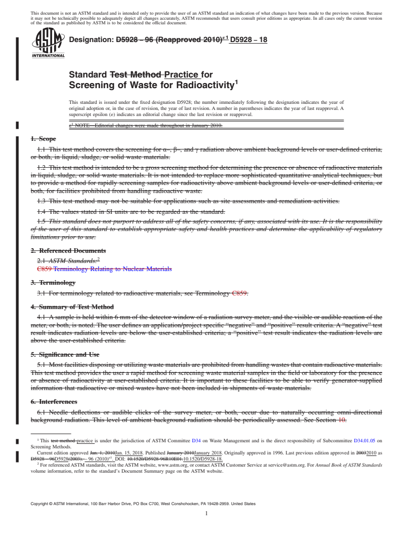 REDLINE ASTM D5928-18 - Standard Practice for  Screening of Waste for Radioactivity