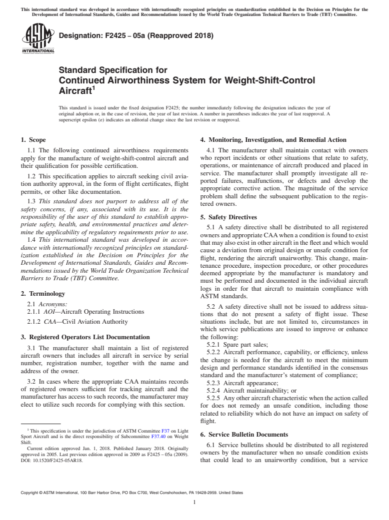 ASTM F2425-05a(2018) - Standard Specification for  Continued Airworthiness System for Weight-Shift-Control Aircraft