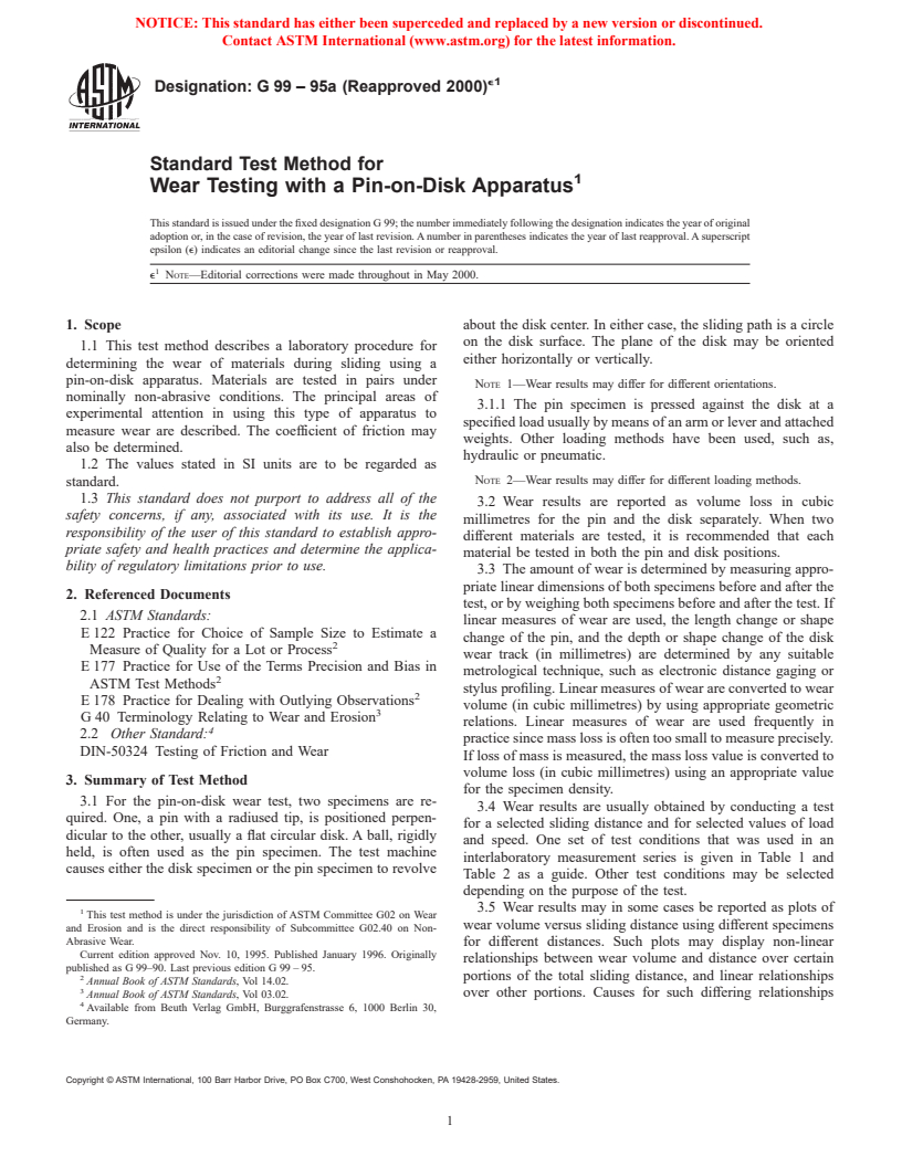 ASTM G99-95a(2000)e1 - Standard Test Method for Wear Testing with a Pin-on-Disk Apparatus