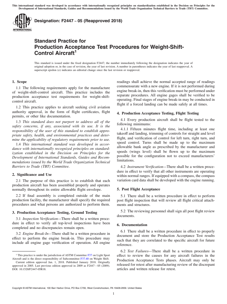 ASTM F2447-05(2018) - Standard Practice for  Production Acceptance Test Procedures for Weight-Shift-Control  Aircraft