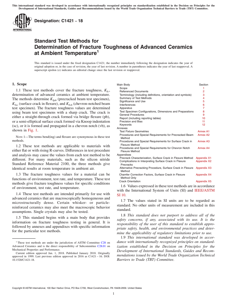 ASTM C1421-18 - Standard Test Methods for Determination of Fracture Toughness of Advanced Ceramics at   Ambient Temperature
