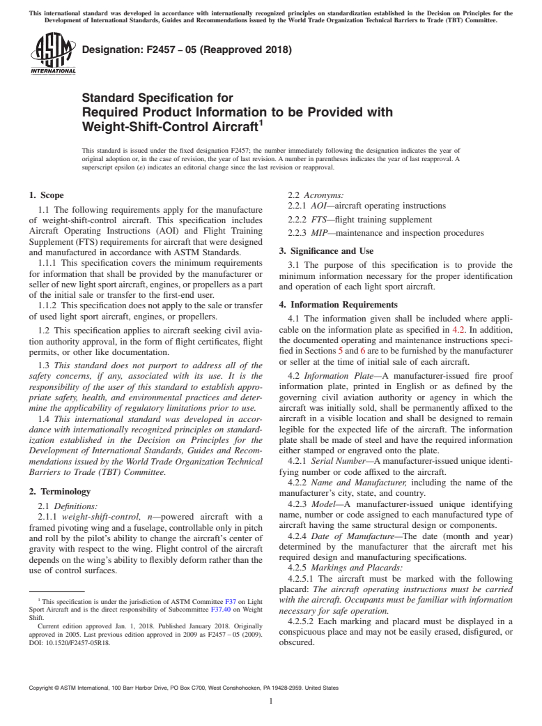 ASTM F2457-05(2018) - Standard Specification for  Required Product Information to be Provided with<brk/>Weight-Shift-Control  Aircraft