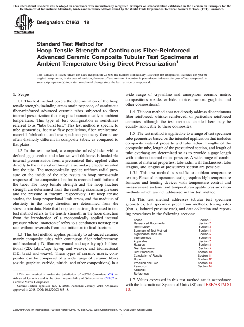 ASTM C1863-18 - Standard Test Method for Hoop Tensile Strength of Continuous Fiber-Reinforced Advanced  Ceramic Composite Tubular Test Specimens at Ambient Temperature Using  Direct Pressurization