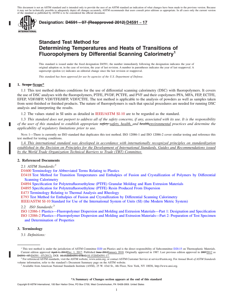 REDLINE ASTM D4591-17 - Standard Test Method for Determining Temperatures and Heats of Transitions of Fluoropolymers  by Differential Scanning Calorimetry