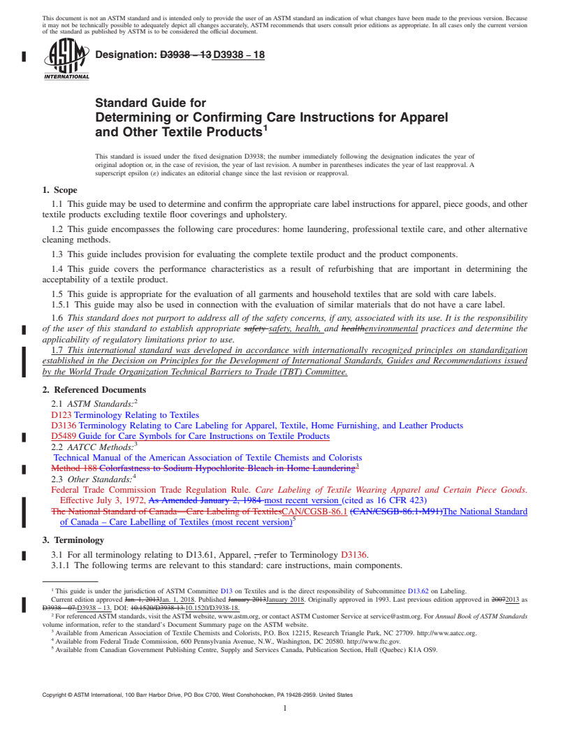 REDLINE ASTM D3938-18 - Standard Guide for  Determining or Confirming Care Instructions for Apparel and  Other Textile Products