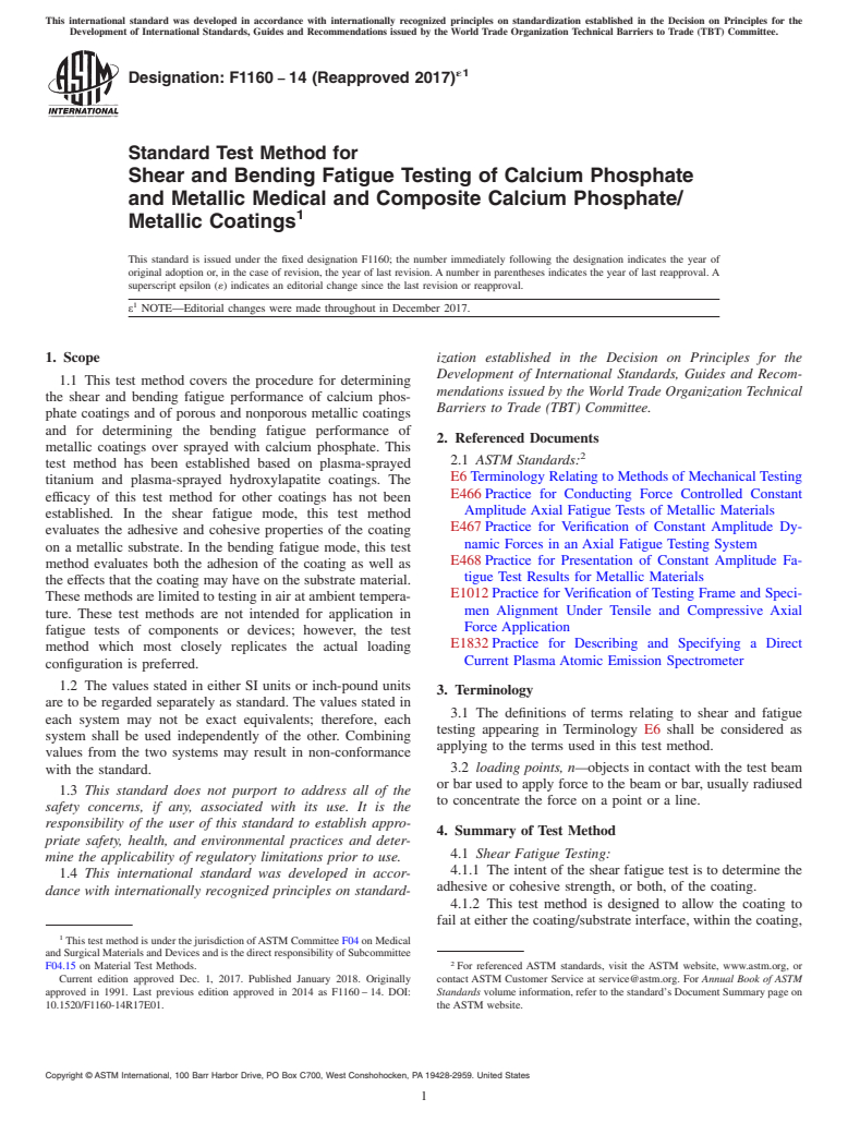 ASTM F1160-14(2017)e1 - Standard Test Method for Shear and Bending Fatigue Testing of Calcium Phosphate and  Metallic Medical and Composite Calcium Phosphate/Metallic Coatings