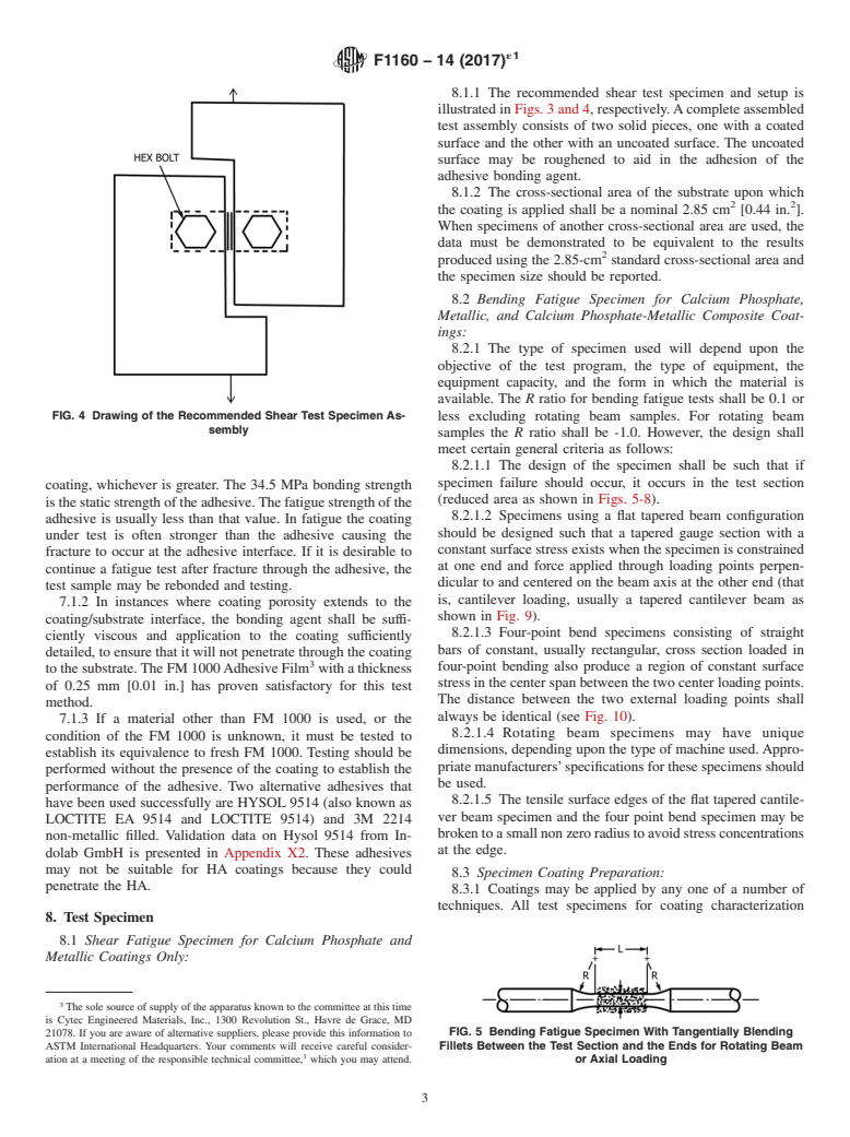 ASTM F1160-14(2017)e1 - Standard Test Method for Shear and Bending Fatigue Testing of Calcium Phosphate and  Metallic Medical and Composite Calcium Phosphate/Metallic Coatings