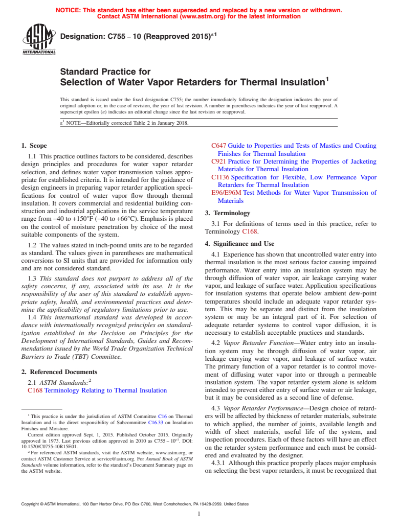 ASTM C755-10(2015)e1 - Standard Practice for Selection of Water Vapor Retarders for Thermal Insulation