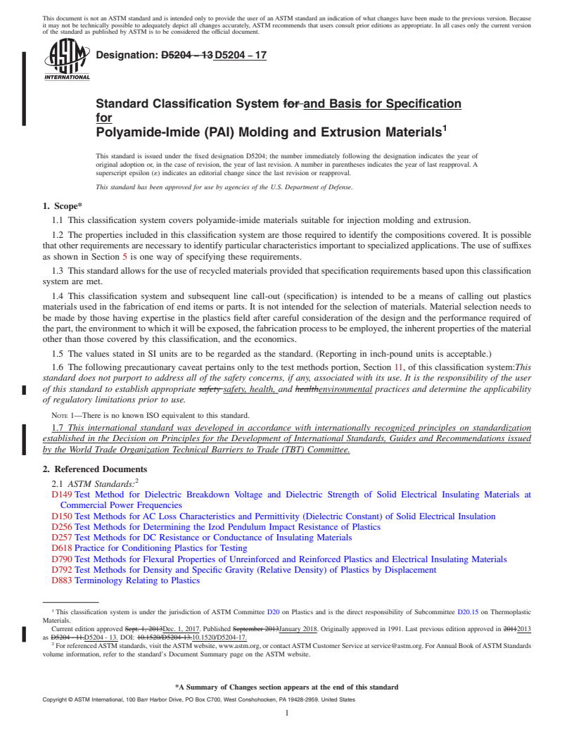 REDLINE ASTM D5204-17 - Standard Classification System and Basis for Specification for Polyamide-Imide (PAI) Molding and Extrusion Materials