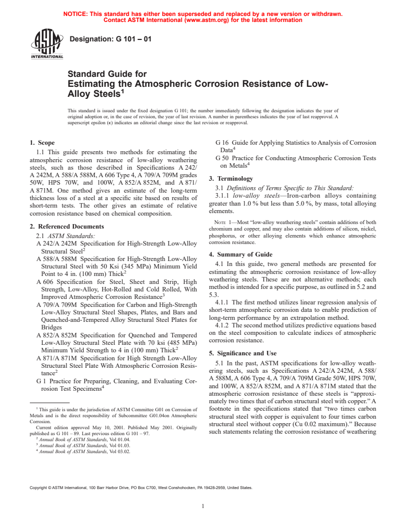 ASTM G101-01 - Standard Guide for Estimating the Atmospheric Corrosion Resistance of Low-Alloy Steels