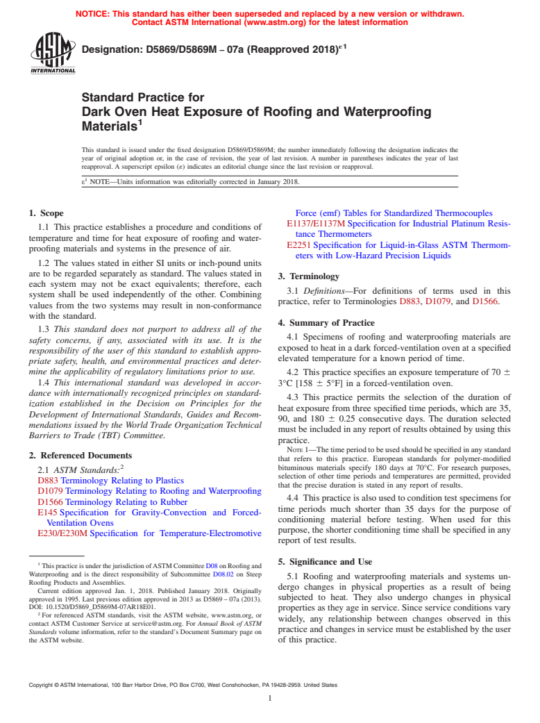 ASTM D5869/D5869M-07A(2018)e1 - Standard Practice for  Dark Oven Heat Exposure of Roofing and Waterproofing Materials