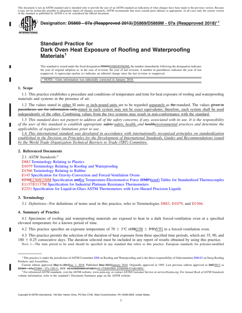 REDLINE ASTM D5869/D5869M-07A(2018)e1 - Standard Practice for  Dark Oven Heat Exposure of Roofing and Waterproofing Materials