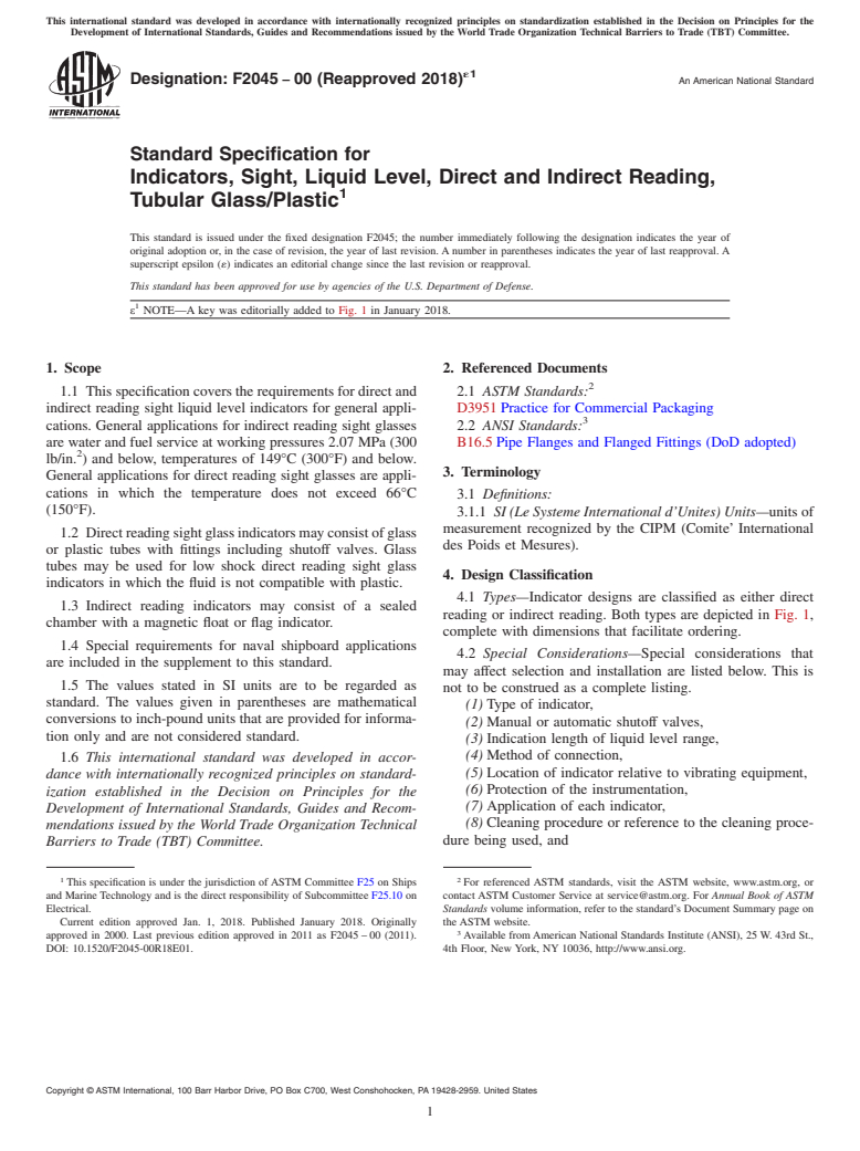 ASTM F2045-00(2018)e1 - Standard Specification for  Indicators, Sight, Liquid Level, Direct and Indirect Reading,  Tubular Glass/Plastic