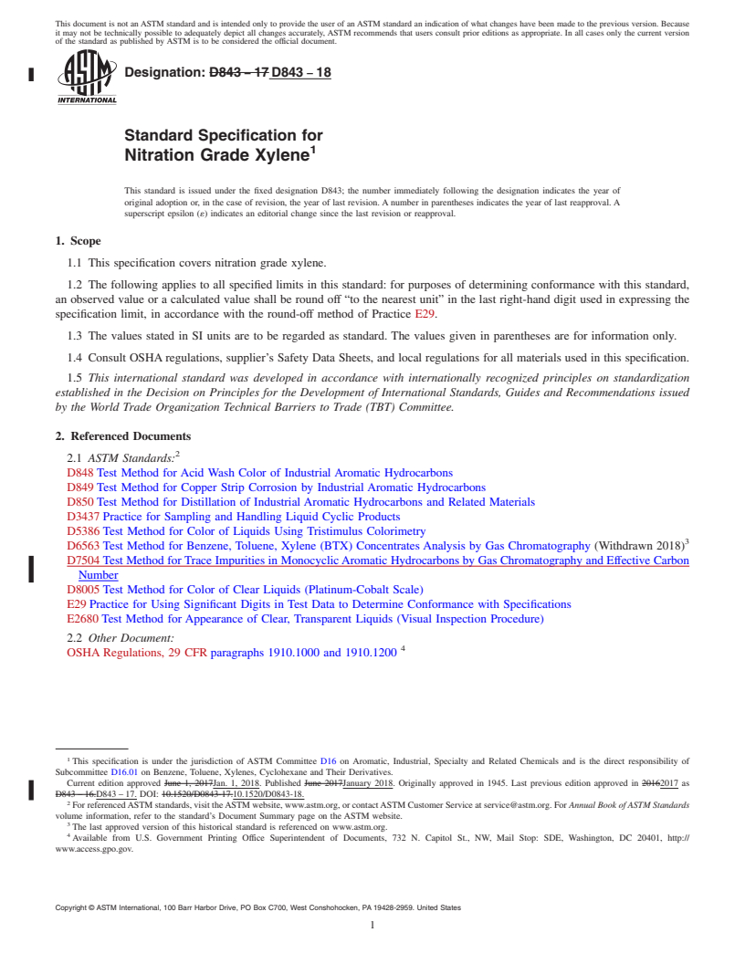 REDLINE ASTM D843-18 - Standard Specification for Nitration Grade Xylene