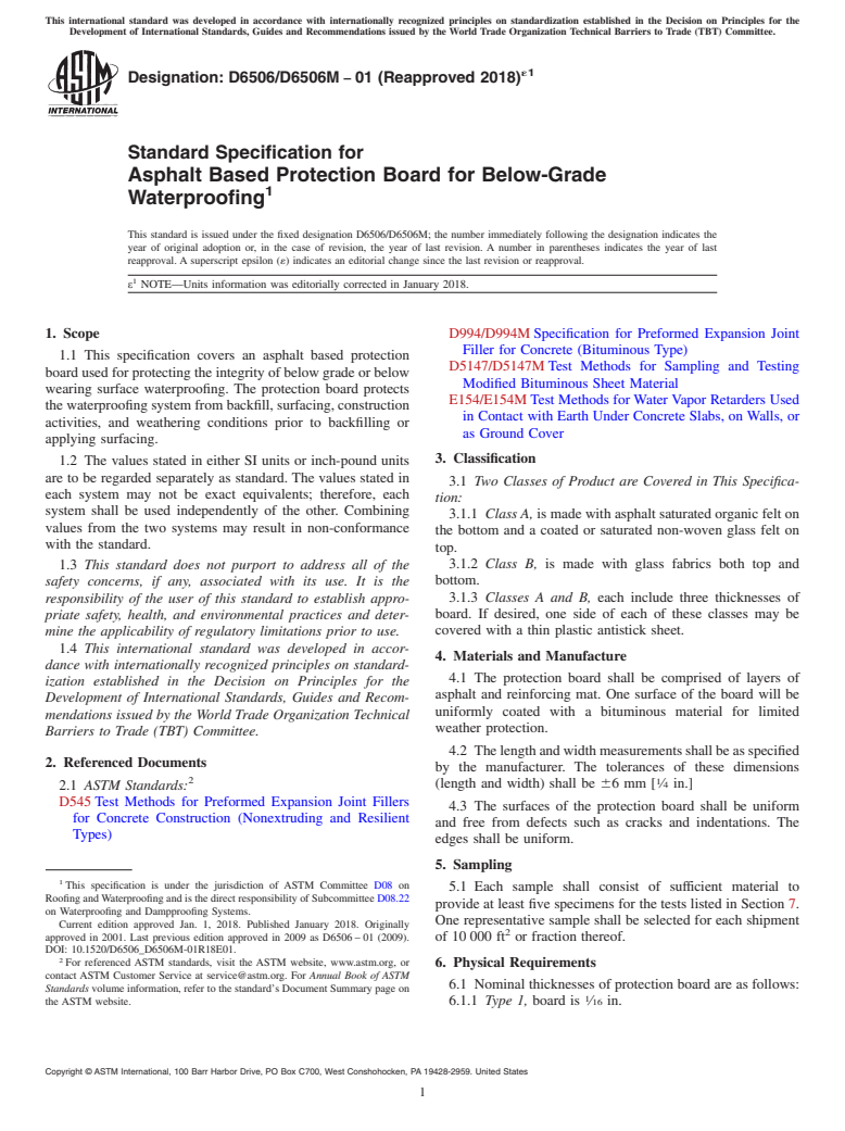 ASTM D6506/D6506M-01(2018)e1 - Standard Specification for  Asphalt Based Protection Board for Below-Grade Waterproofing