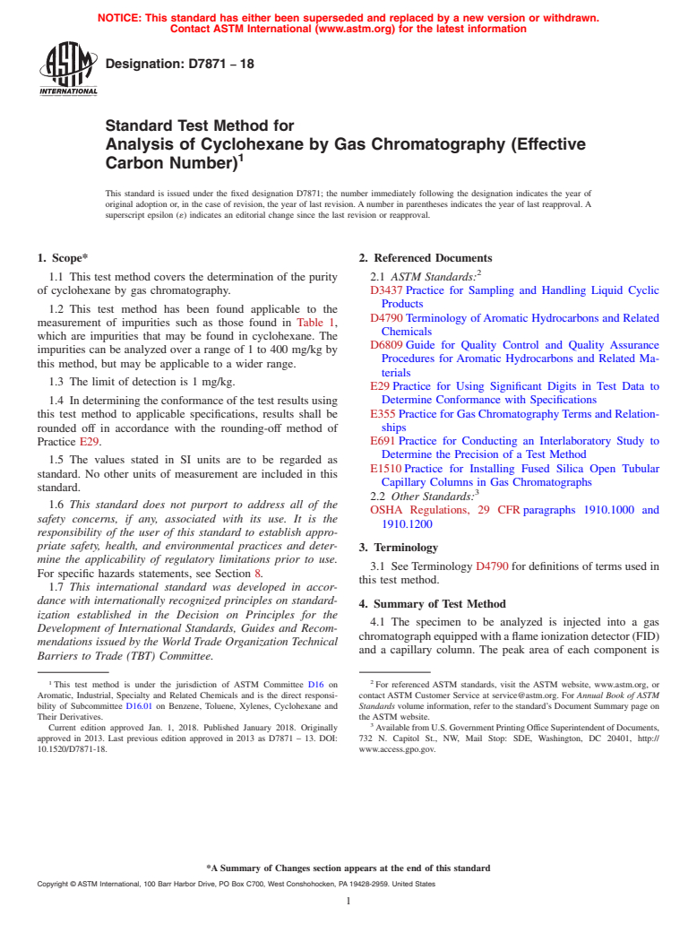 ASTM D7871-18 - Standard Test Method for Analysis of Cyclohexane by Gas Chromatography (Effective Carbon  Number)