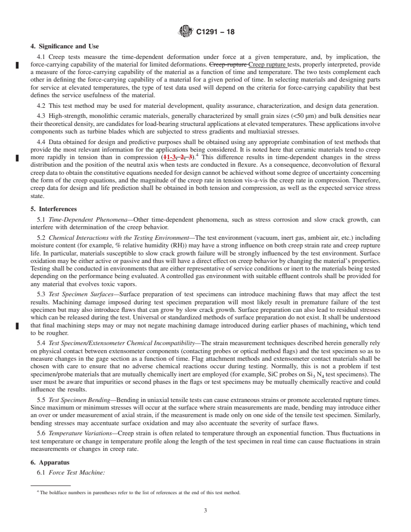 REDLINE ASTM C1291-18 - Standard Test Method for Elevated Temperature Tensile Creep Strain, Creep Strain Rate,  and Creep Time to Failure for Monolithic Advanced Ceramics