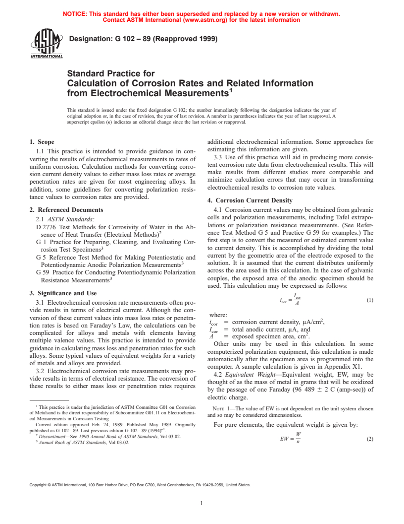 ASTM G102-89(1999) - Standard Practice for Calculation of Corrosion Rates and Related Information from Electrochemical Measurements