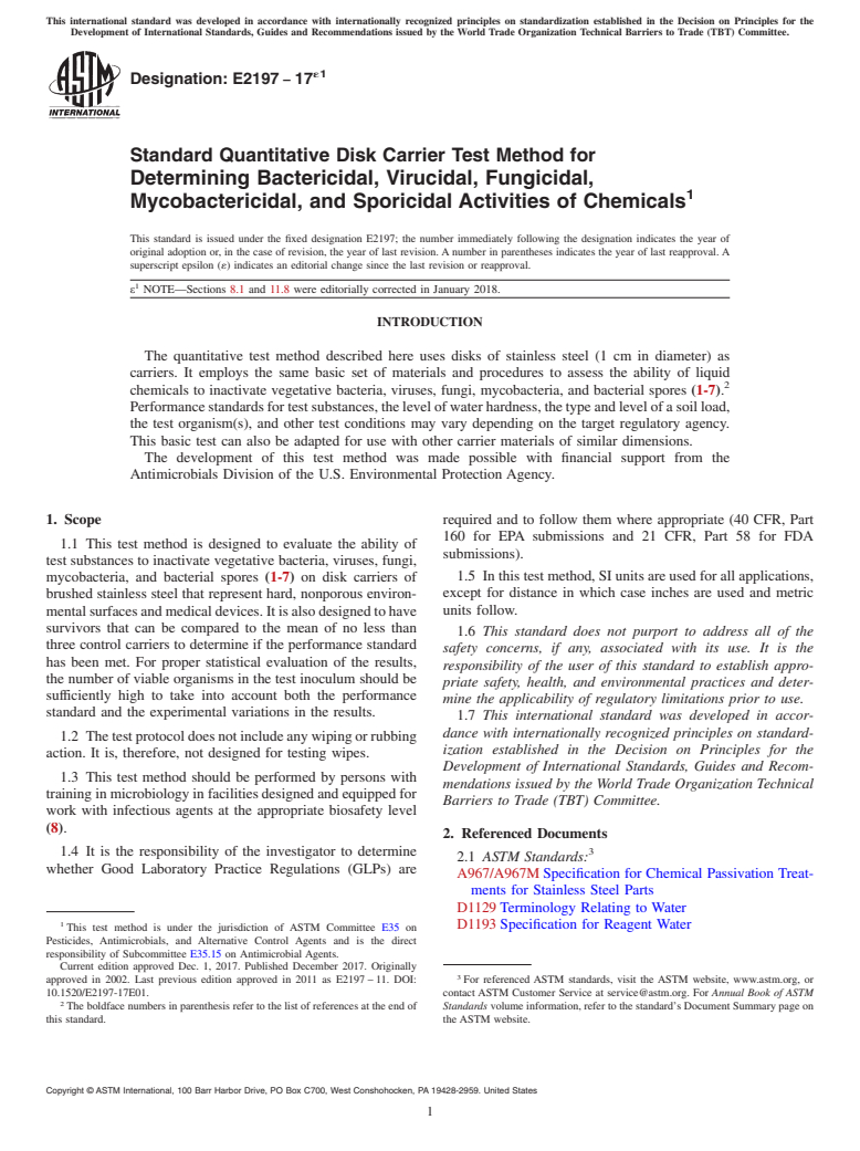 ASTM E2197-17e1 - Standard Quantitative Disk Carrier Test Method for  Determining Bactericidal, Virucidal, Fungicidal, Mycobactericidal,  and Sporicidal Activities of Chemicals