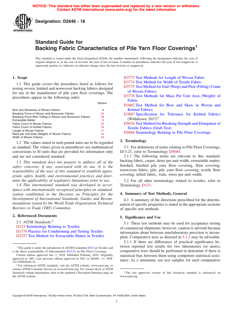 ASTM D2646-18 - Standard Guide for  Backing Fabric Characteristics of Pile Yarn Floor Coverings