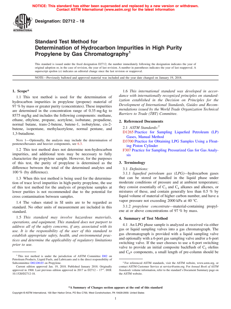 ASTM D2712-18 - Standard Test Method for  Determination of Hydrocarbon Impurities in High Purity Propylene  by Gas Chromatography