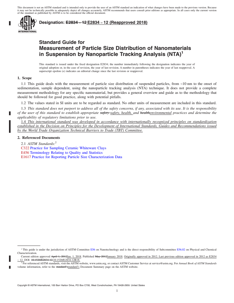 REDLINE ASTM E2834-12(2018) - Standard Guide for  Measurement of Particle Size Distribution of Nanomaterials  in Suspension by Nanoparticle Tracking Analysis (NTA)