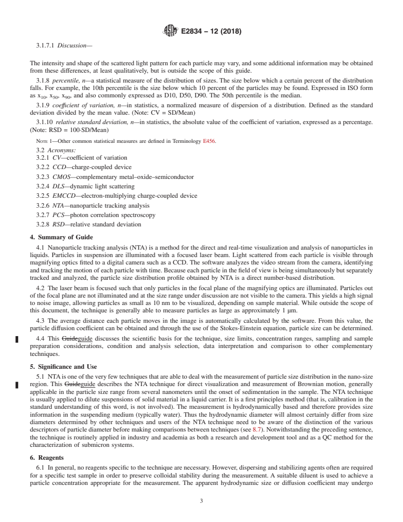 REDLINE ASTM E2834-12(2018) - Standard Guide for  Measurement of Particle Size Distribution of Nanomaterials  in Suspension by Nanoparticle Tracking Analysis (NTA)