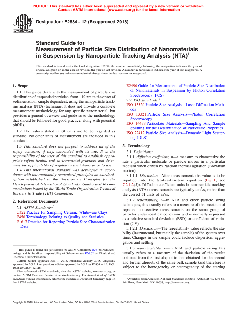 ASTM E2834-12(2018) - Standard Guide for  Measurement of Particle Size Distribution of Nanomaterials  in Suspension by Nanoparticle Tracking Analysis (NTA)