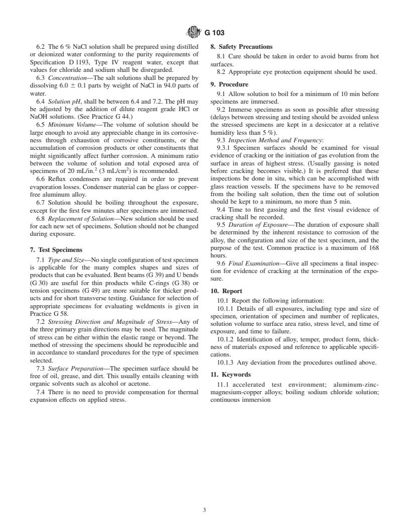 ASTM G103-97 - Standard Practice for Evaluating Stress-Corrosion Cracking Resistance of Low Copper 7XXX Series Al-Zn-Mg-Cu Alloys in Boiling 6% Sodium Chloride Solution