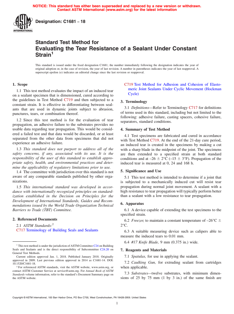 ASTM C1681-18 - Standard Test Method for  Evaluating the Tear Resistance of a Sealant Under Constant  Strain