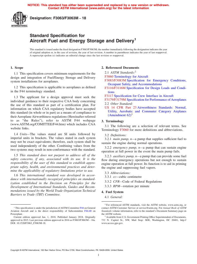 ASTM F3063/F3063M-18 - Standard Specification for Aircraft Fuel and Energy Storage and Delivery