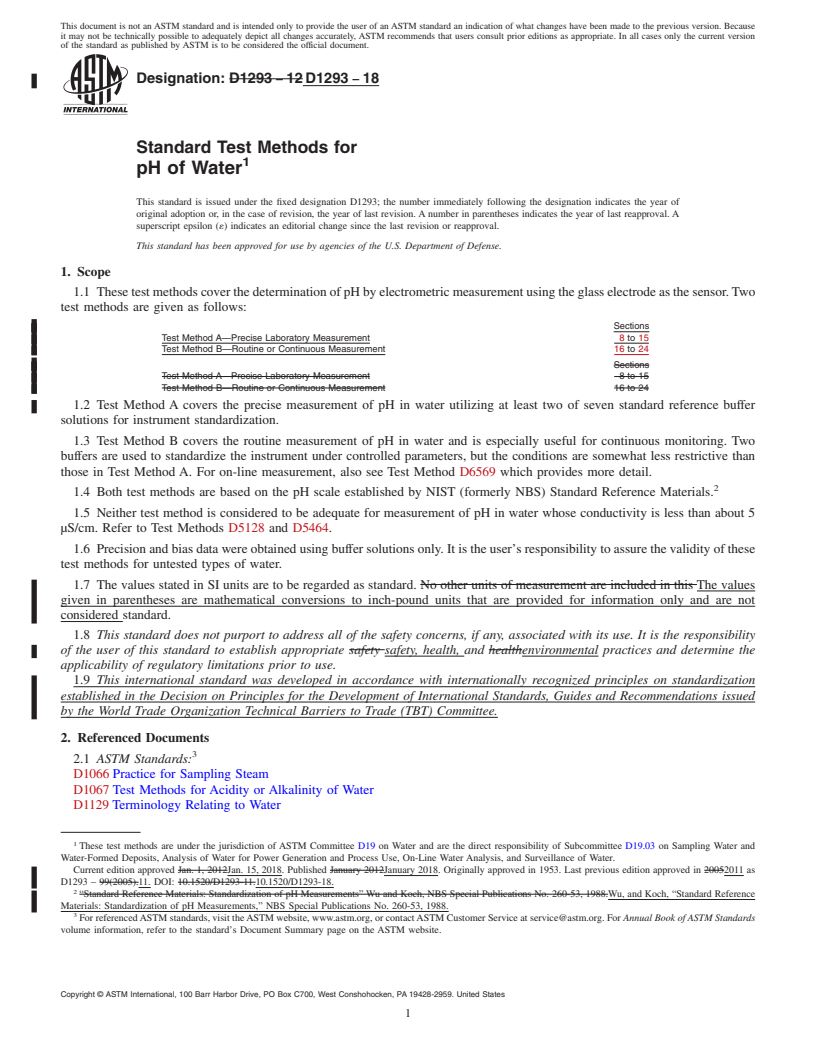 REDLINE ASTM D1293-18 - Standard Test Methods for  pH of Water