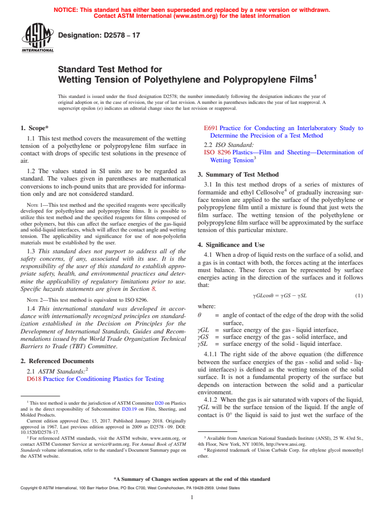 ASTM D2578-17 - Standard Test Method for  Wetting Tension of Polyethylene and Polypropylene Films