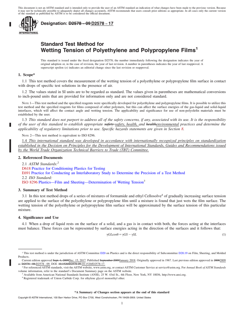 REDLINE ASTM D2578-17 - Standard Test Method for  Wetting Tension of Polyethylene and Polypropylene Films