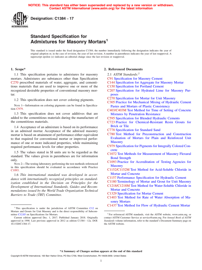 ASTM C1384-17 - Standard Specification for  Admixtures for Masonry Mortars