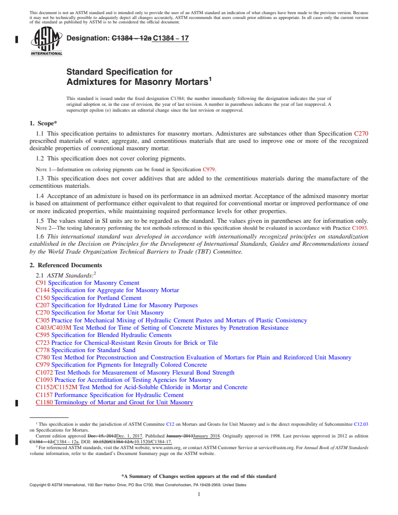 REDLINE ASTM C1384-17 - Standard Specification for  Admixtures for Masonry Mortars