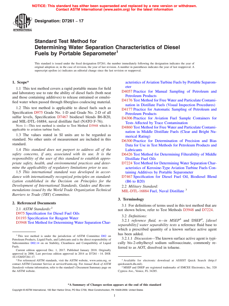 ASTM D7261-17 - Standard Test Method for Determining Water Separation Characteristics of Diesel Fuels  by Portable Separometer