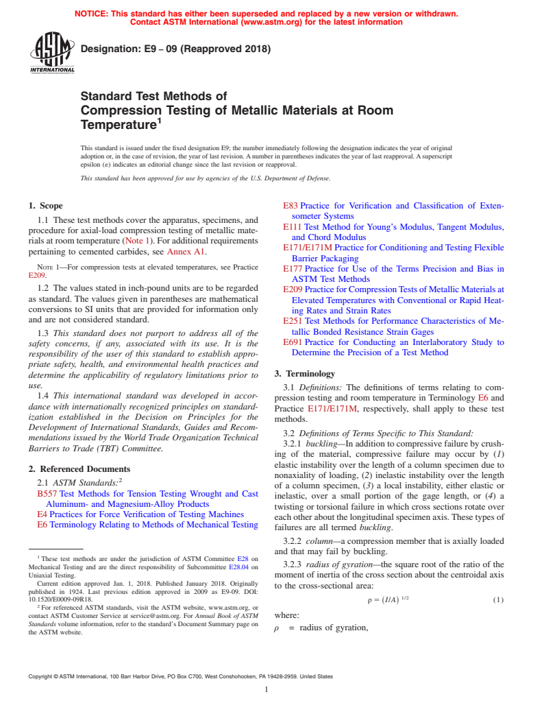 ASTM E9-09(2018) - Standard Test Methods of Compression Testing of Metallic Materials at Room Temperature